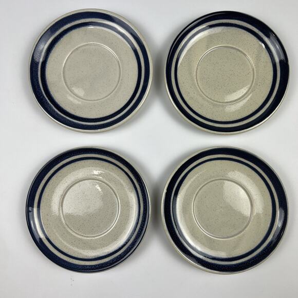 Lot of 4 Vintage Blue Band Speckled Stoneware Cup Saucers 6” Restaurant Style - Picture 1 of 10
